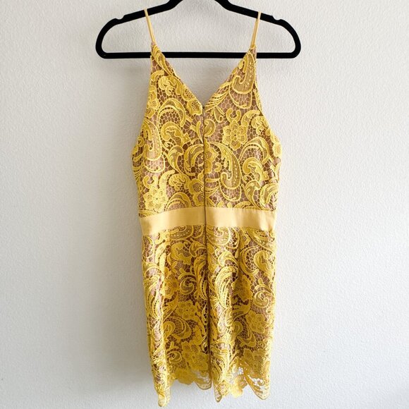 Dress the Population Ava Yellow Lace Mini Dress Large V-Neck Sleeveless Lined - Picture 8 of 15